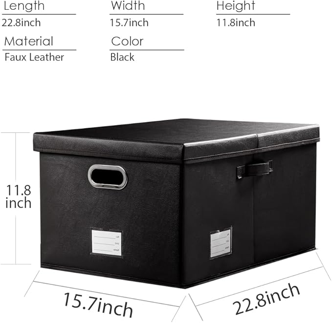 PRANDOM Collapsible Storage Box with Lid [1-Pack] Leather Fabric Foldable Storage Bin Organizer Container Basket Cube with Cover for Home Bedroom Closet Office Nursery Black (22.8X15.7X11.8)