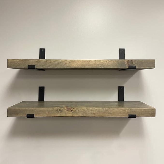 Rustic Shelves with J-Brackets Set of 2, Industrial Shelf, Kitchen Shelves, Solid Wood, Decorative Wall Storage, Heavy Duty, URBANDI (Grey, 48Wx12D)