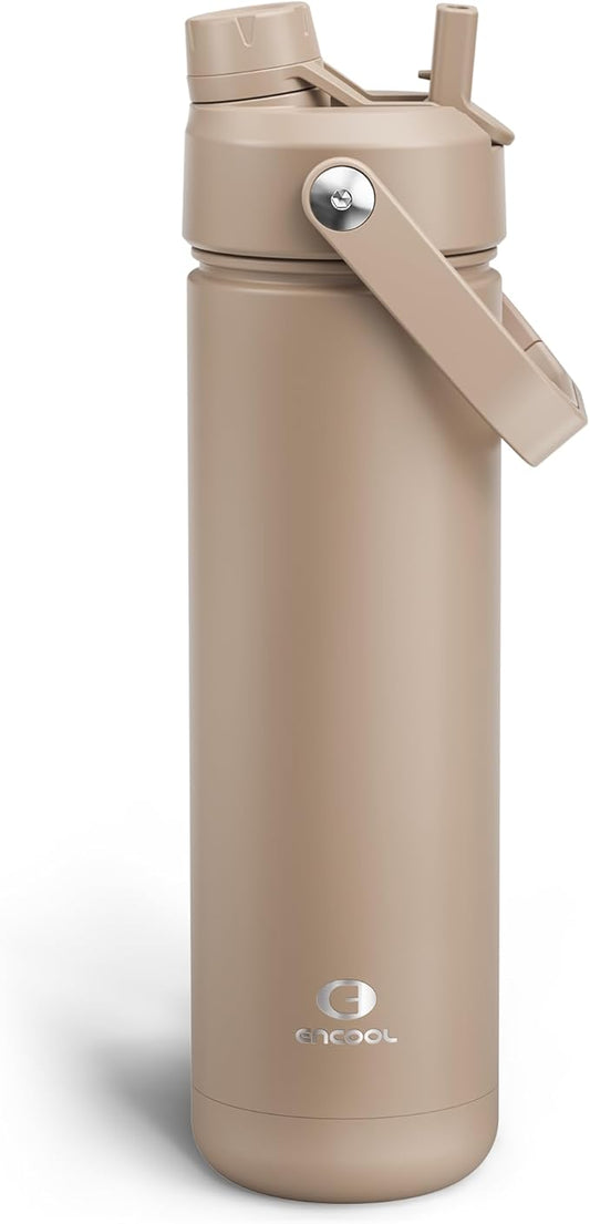 Insulated Water Bottle with Straw - Encool Stainless Steel Water Bottle, Leak-Proof, BPA-Free, Double Wall Vacuum Keeps Cold for 24 Hours for Sports, Travel, School (26 oz, Raw Umber)