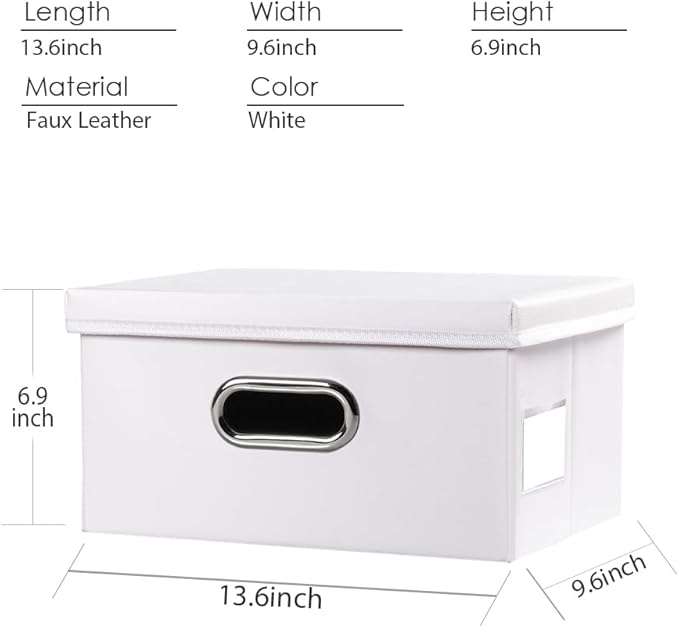 PRANDOM Collapsible Storage Box with Lid [3-Pack] Leather Fabric Foldable Storage Bin Organizer Container Basket Cube with Cover for Home Bedroom Closet Office Nursery White(13.6x9.6x6.9)
