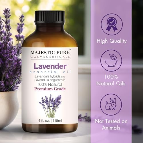 Majestic Pure Lavender Essential Oil with Glass Dropper - Huge 4 Fl Oz - 100% Pure and Natural Lavender Oil - Premium Grade Essential Oils for Diffuser, Aromatherapy, Soap and Candle Making
