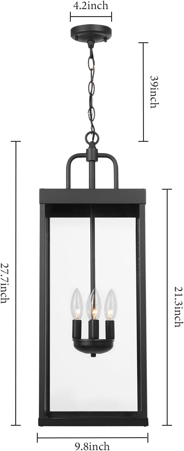 Large Outdoor Pendant Lantern Light Fixture for Front Porch, 28 Inch 4-Light Black Exterior Hanging Chandelier with Clear Glass, Outdoor Indoor Pendant Lamp for Patio, Gazebo, Entryway, Doorway