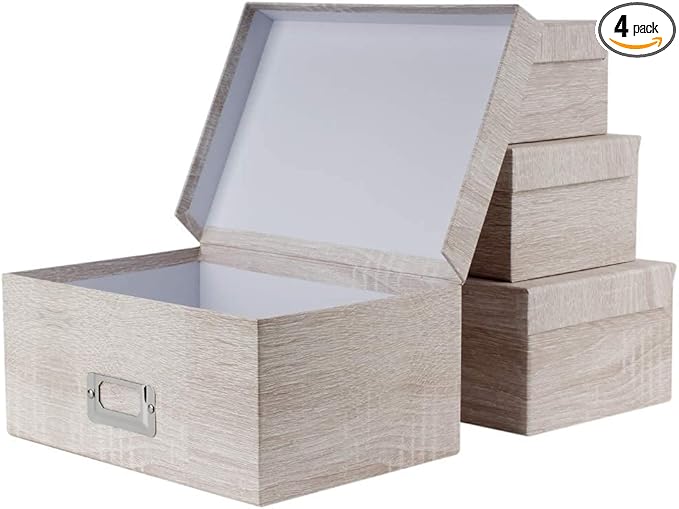 Briful Photo Boxes with Lids - 4 in 1 Set Waterproof Storage Boxes with Handles - Decorative Multiple Size Storage Bins for Clothes/Shoes/Office/Cosmetic/Books