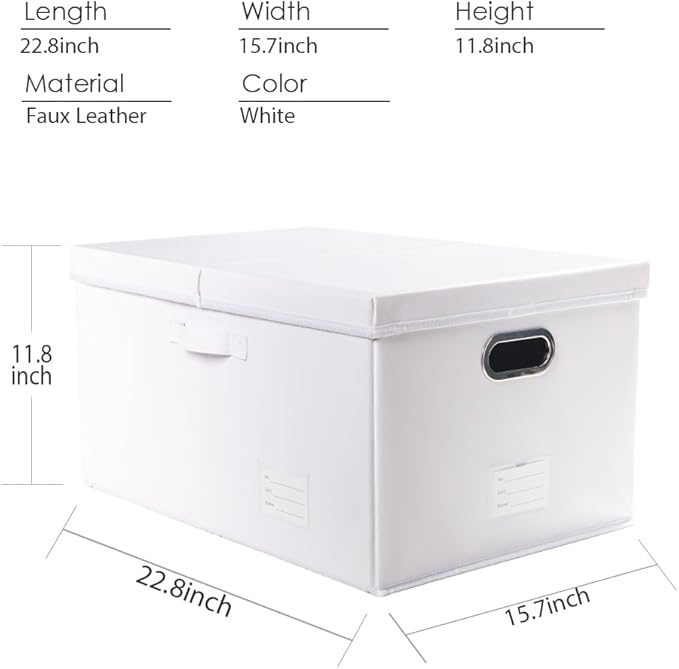 PRANDOM Collapsible Storage Box with Lid [3-Pack] Leather Fabric Foldable Storage Bin Organizer Container Basket Cube with Cover for Home Bedroom Closet Office Nursery White(22.8X15.7X11.8)