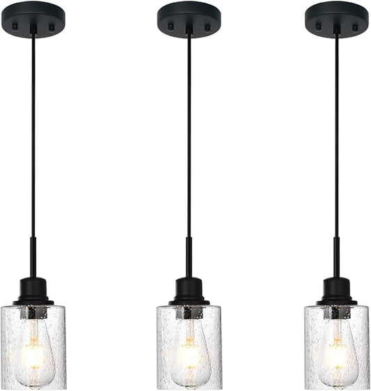 Modern Farmhouse Mini Chandeliers 3 Pack Black Pendant Lights Kitchen Island with Seeded Glass, Dining Room Lighting Fixtures Hanging Ceiling for Sink Bar Hallway Porch Corridor Bedroom