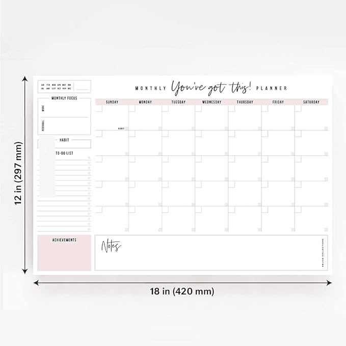 Bliss Collections Monthly Planning Pad, To Do List Notebook - Undated Tear-Off Sheets Notepad - Work Calendar, Organizer, Scheduler for Goals, Tasks - You've Got This (Pink), 12" x 18", 18 Sheets