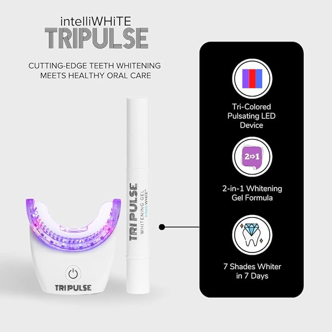 TriPulse Teeth Whitening LED Light Kit - 20 LED Lights - Hydrogen Peroxide + Carbamide Peroxide - 7 Shades Whiter in 7 Days - Safe On All Dental Work - BPA Free Mouthpiece