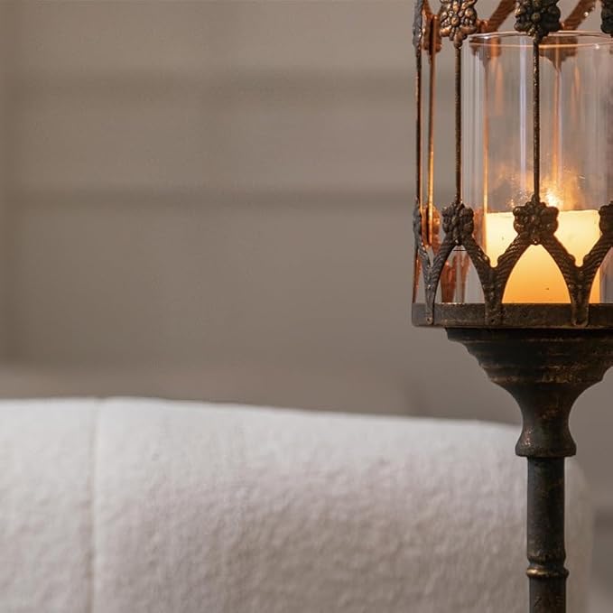 Vintage Floor Candelabra - 37.1" Tall Antique Gold Candle Holder with Glass Lantern, Rustic Gothic Metal Pillar Stand for Home Decor, Wedding & Event Centerpiece