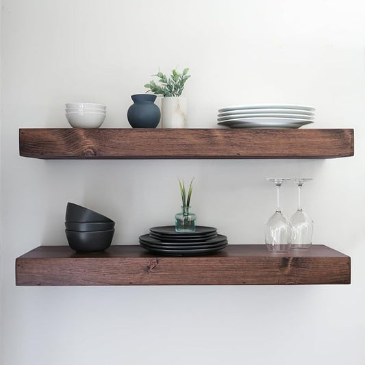 Modern Floating Shelves 3 Inches Thick for Wall, Wide Shelves for Kitchen, Living Room, Bedroom, and Bathroom, Natural Pine Wood, Rustic Wooden Shelf, (Set of 2) (Provincial, 60Lx3Hx6D)