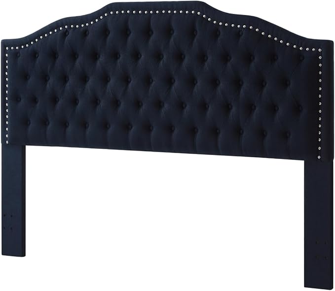 24KF Upholstered Button Tufted King Size Headboard with Nailhead Trim, Elegant Boucle Fabric California King headboard, 6031-K-Boucle-Navy