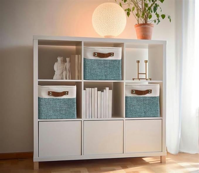 DECOMOMO Storage Bins Fabric Storage Baskets for Shelves, Linen Closet Organization Toys Nursery (Green and White, Large - 3 Pack)