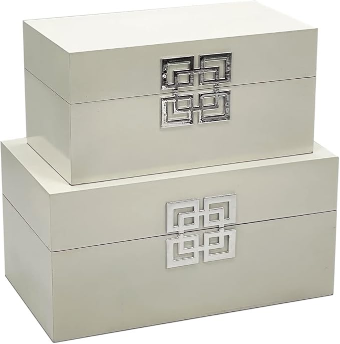 Galt International Storage Box Set Decorative Storage Box w/Hinged Lid Classic Design Wood Decor Boxes with Geometric Clasp Storage for Bedroom & Home - Set of 2 (White & Silver)