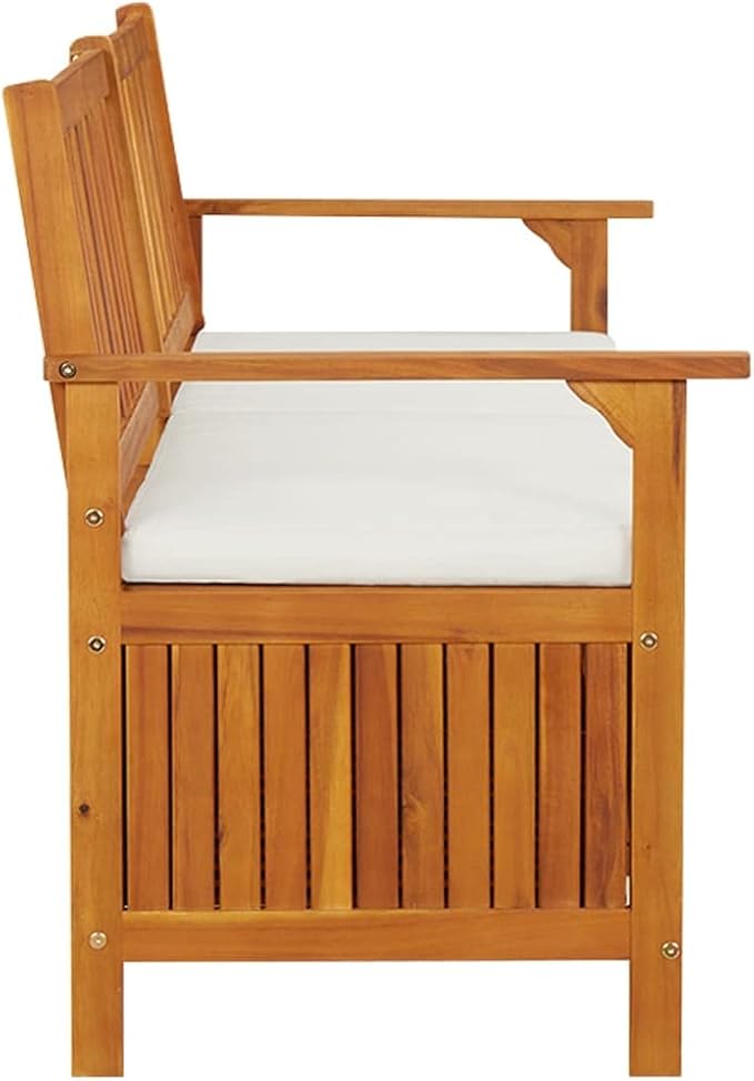 vidaXL Solid Acacia Wood Storage Bench with Cushion- Brown & Cream White, Indoor-Outdoor Versatile Bench with Ample Storage, Comfortable Padded Cushion Included