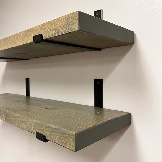 Rustic Shelves with J-Brackets Set of 2, Industrial Shelf, Kitchen Shelves, Solid Wood, Decorative Wall Storage, Heavy Duty, URBANDI (Grey, 12Wx10D)