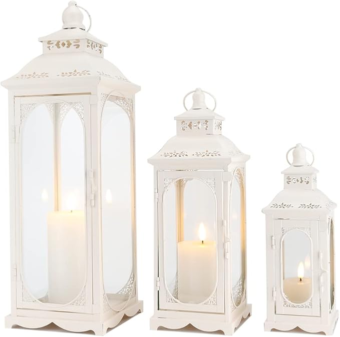 TRIROCKS Set of 3 Vintage Candle Lanterns 10/14/19.5'' High Decorative Outdoor Lantern Metal Candle Holder with Tempered Glass for Home Living Room Garden Yard Parties Events Indoors Outdoors (White)