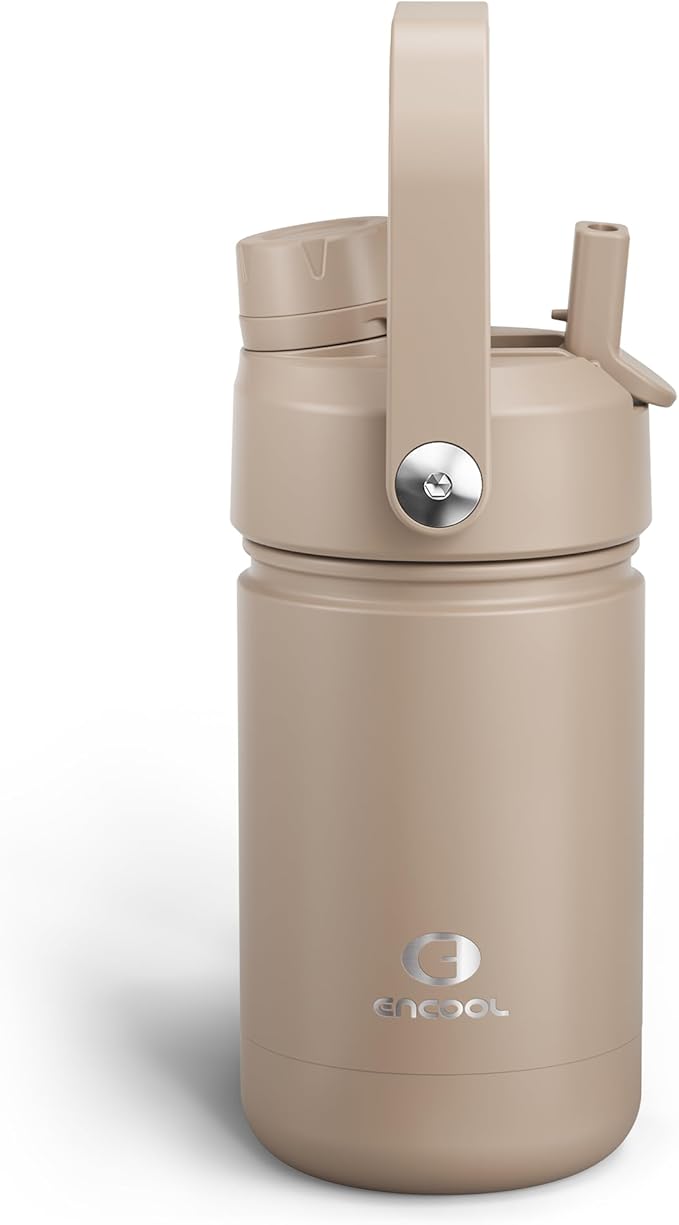 Kids Insualated Water Bottle with Straw - 12oz Stainless Steel Water Bottle with Dual Spouts, Leak-Proof, BPA-Free, Double Wall Vacuum Keeps Cold for 24 Hours for Sports, Travel, School (Raw Umber)