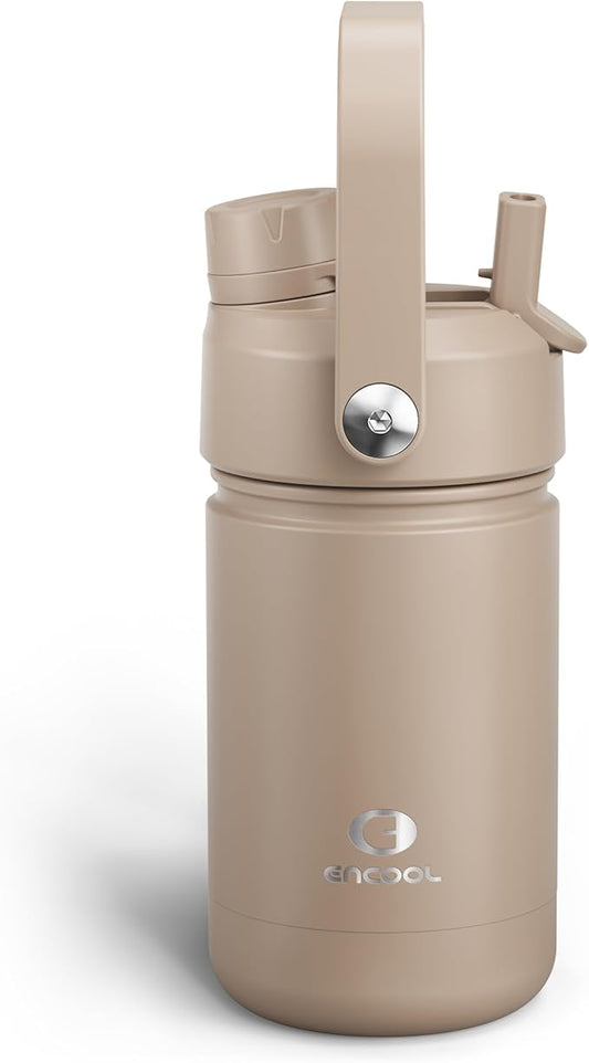 Kids Insualated Water Bottle with Straw - 12oz Stainless Steel Water Bottle with Dual Spouts, Leak-Proof, BPA-Free, Double Wall Vacuum Keeps Cold for 24 Hours for Sports, Travel, School (Raw Umber)