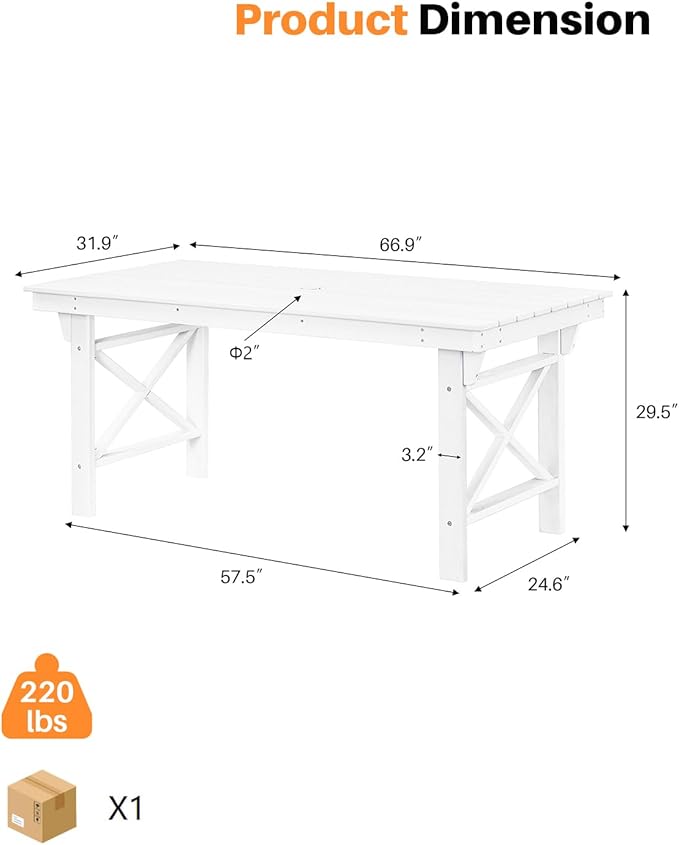 HDPE Outdoor Dining Table, 66.9” Rectangle Patio Dining Table for 6, All-Weather HDPE Outdoor Table with 2.2” Umbrella Hole, HDPE Patio Furniture for Deck, Backyard, Garden, Pool, Pearl