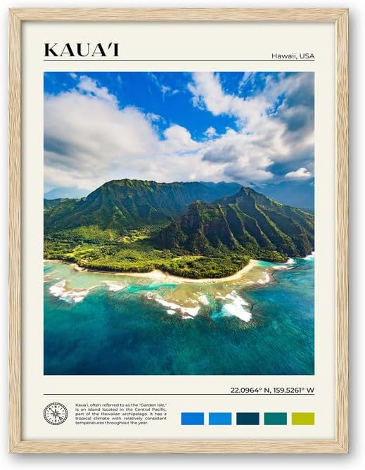 HesenDot Natural OAK Wood Framed Hawaiian Archipelago Wall Art,12x16in Kauai Quality Canvas Wall Print,Classic Urban Landmark Wall Decor for Living Room,Bedroom,Office Gallery Set of 1