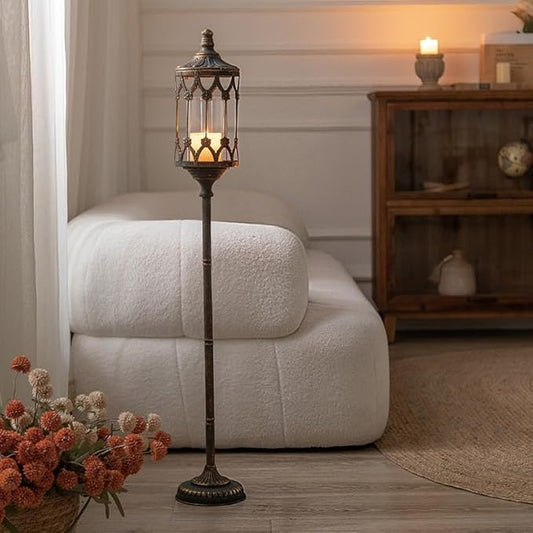 Vintage Floor Candelabra - 37.1" Tall Antique Gold Candle Holder with Glass Lantern, Rustic Gothic Metal Pillar Stand for Home Decor, Wedding & Event Centerpiece