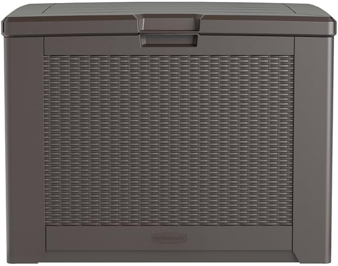 Rubbermaid Medium Resin Outdoor Storage Deck Box (74 Gal) Weather Resistant Brown Deck Organization for Home/Backyard/Pool Chemicals/Toys/Garden Tools/Porch/Patio Cushions