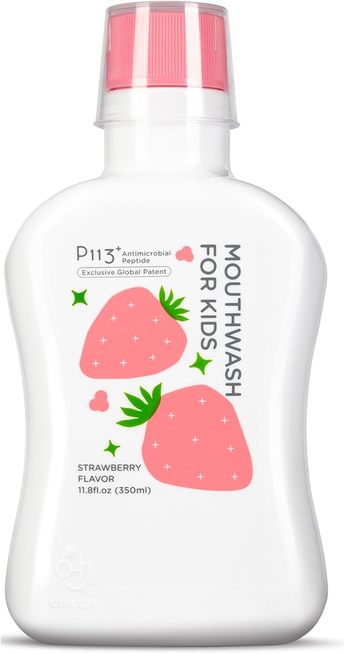 Mouthwash for Kids P113+ Peptide Anti Cavity Mouth Rinse Alcohol Free for Teeth and Gums Safe Oral Hygiene for Newborn to Toddler 11.08 fl oz (11.08 Fl oz, Strawberry)
