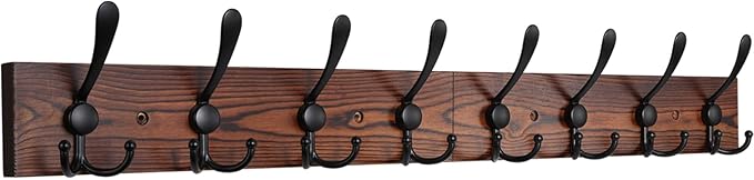 IBosins Wall Mounted Coat Rack, 31-2/5'' Long, Entryway Hanging Rack, Metal Wood Coat Hooks Rack with 8 Black Rustic Tri-Hooks Rail for Coat, Bag, Towel, Key, Hat, Umbrella
