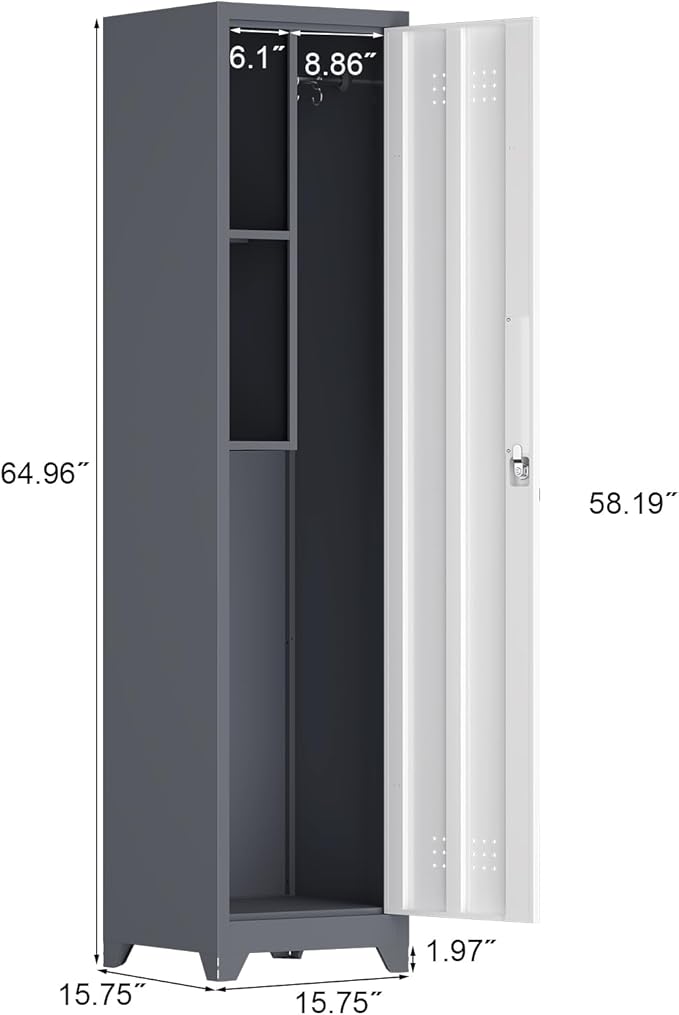 Storage Cabinet,Slim Broom Closet Storage Cabinets with Lockable Doors,Narrow Utility Cabinets with Hanging Rod,Tall Broom Closet for Laundry,Home Office,Grey-White