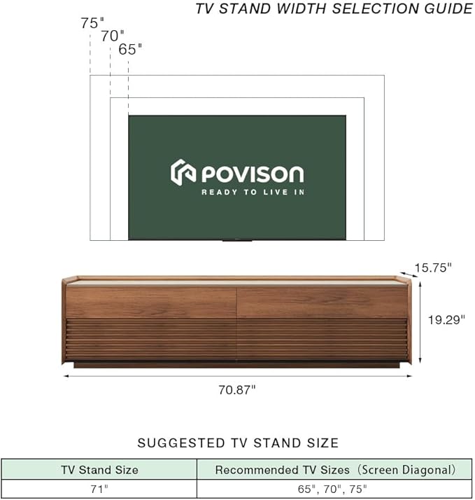 POVISON Fully-Assembled Mid Century Matte Sintered Stone TV Stand, 70.87" Wood Media Console with Adjustable LED Light, Entertainment Center with Storage for Living Room