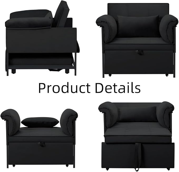 Pull Out Sofa Bed, Convertible Sleeper Chair Bed with Lumbar Pillow, 3-in-1 Sofa Chair with 3 Adjustable Backrest, Armchair Sleeper Small Couch for Small Spaces Living Room Black