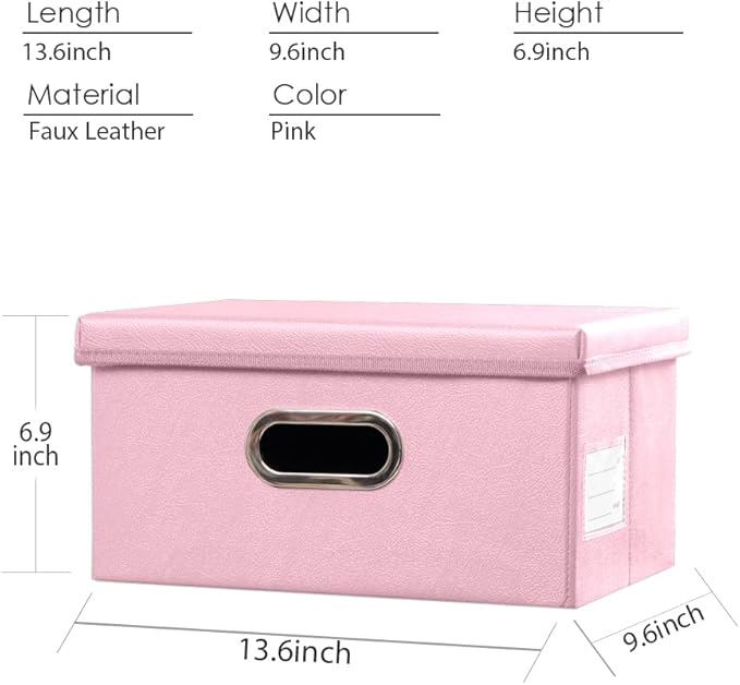 PRANDOM Collapsible Storage Box with Lid [1-Pack] Leather Fabric Foldable Storage Bin Organizer Container Basket Cube with Cover for Home Bedroom Closet Office Nursery Pink (13.6x9.6x6.9)