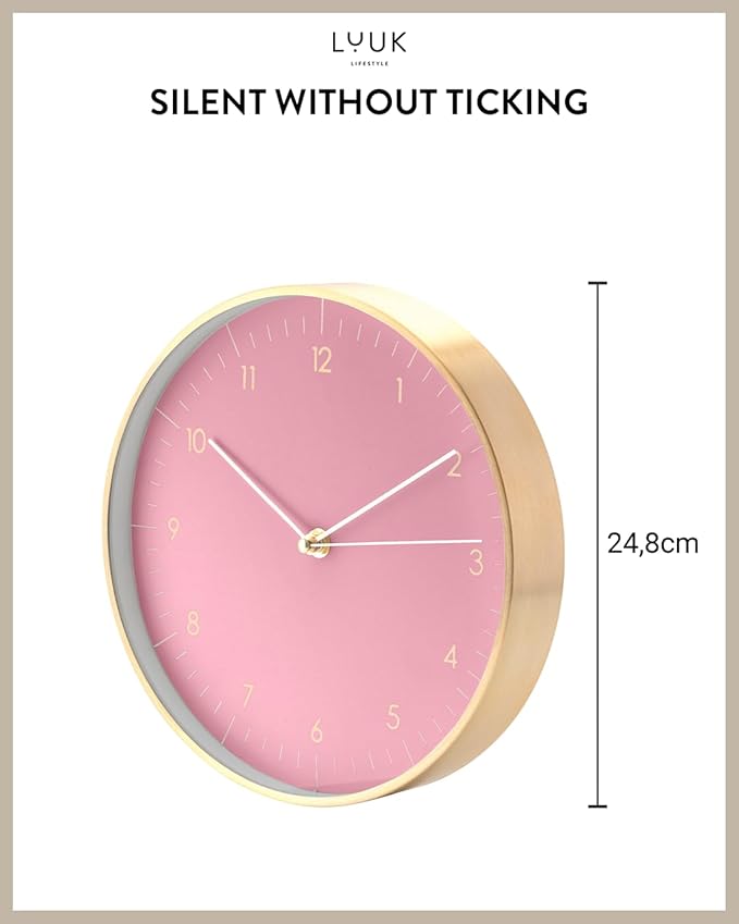 LUUK LIFESTYLE Elegant Wall Clock with Silent Movement, Modern and Minimalist Design, Gift idea for Moving-in, Decoration, in Pink and Gold