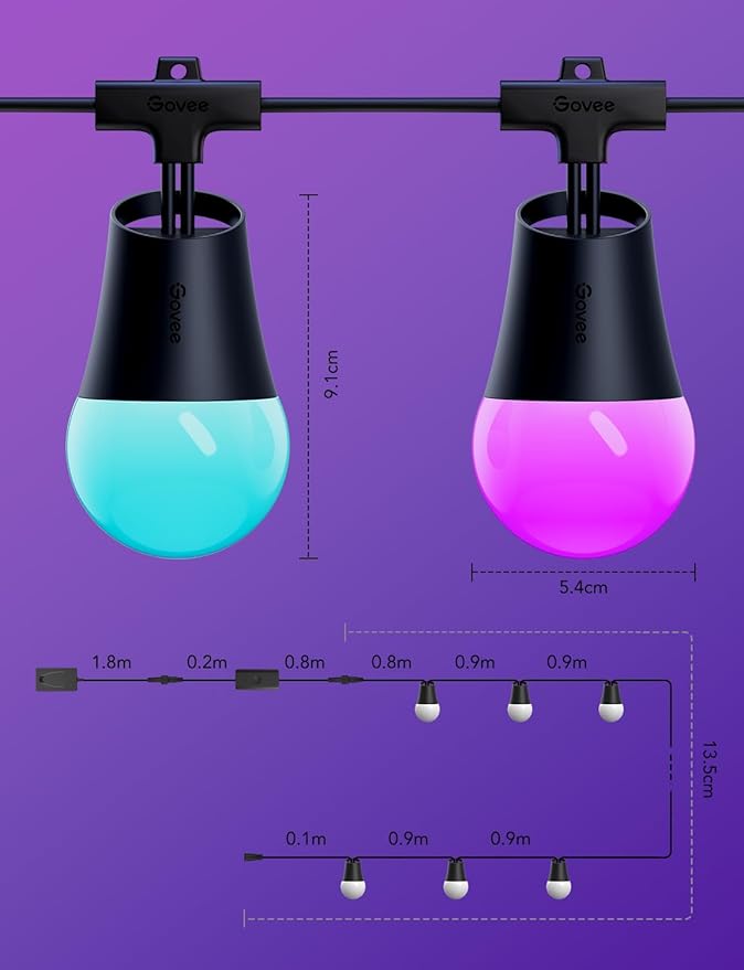 Govee Smart Outdoor String Lights 2, 48ft Outdoor Lights with Dimmable Warm White LED Bulbs, 47 Scene Modes for Patio, Backyard, Balcony, IP65 Waterproof, Works with Alexa, App Control