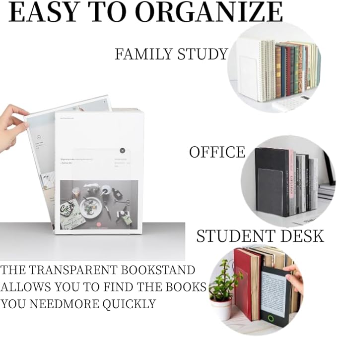 Lulonpon 4 Pieces Book Ends, Bookends, Books End for Shelves, Books End for Heavy Books, Clear Bookends, Acrylic Book Ends for School, Library,Desktop Organizer and Book Shelves
