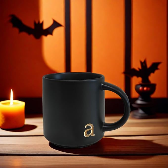 COLLECTIVE HOME - Black Monogram Ceramic Mugs, 15 oz Golden Initial Coffee Cups, Elegant Alphabet Tea Mugs, Personalized Halloween Mug with Gift Box, Perfect for Office and Home Décor (a)