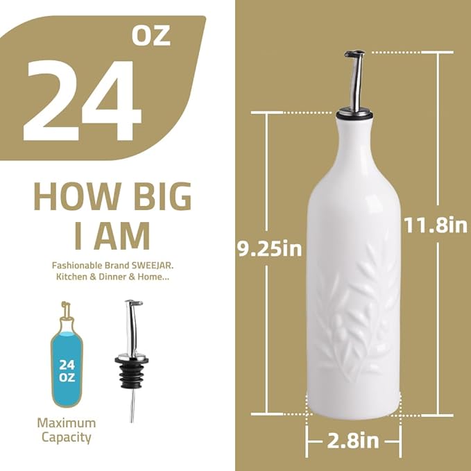 Sweejar Large Ceramic Olive Oil Dispenser Bottle, 24 Oz Relief Opaque Oil Cruet Protects Oil To Reduce Oxidation, Storage Vinegar, Soy Sauce, Coffee Syrup, Liquids, Set of 1 (Black)