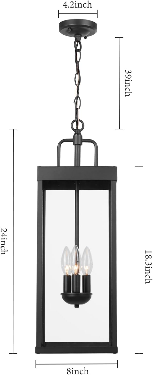 Large Outdoor Pendant Lantern Light Fixture for Front Porch, 24 Inch 3-Light Black Exterior Hanging Chandelier with Clear Glass, Outdoor Indoor Pendant Lamp for Patio, Gazebo, Entryway, Doorway