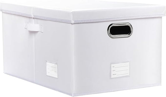 PRANDOM Collapsible Storage Box with Lid [1-Pack] Leather Fabric Foldable Storage Bin Organizer Container Basket Cube with Cover for Home Bedroom Closet Office Nursery White (22.8X15.7X11.8)