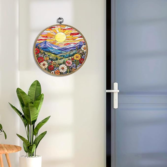 Wildflowers Sunset Flower Floral Garden Decor, Gift for Mom, Nature Lover Gift Framed Round Wall Decor Canvas Wall Art Hanging Prints Artwork for Home Living Room Office Decorations 10.2X10.2 Inch