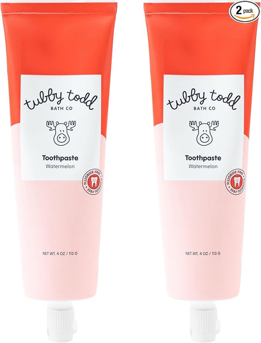 TUBBY TODD Fluoride Free Kids Toothpaste - Made with Xylitol - Safe Toothpaste for Baby, Toddler, Infant & Children - 4oz, 2 Pack - Watermelon Flavor