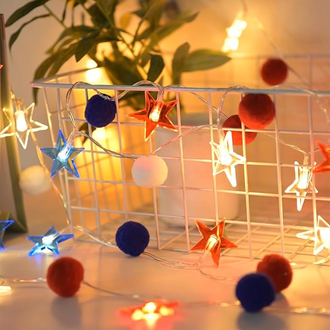 4th of July Decorations 9.85FT Red White and Blue Star String Lights Pom Pom Star Lights Battery Operated with Timer Fairy Lights for Independence Day Memorial Patriotic Fourth of July Decor for Home