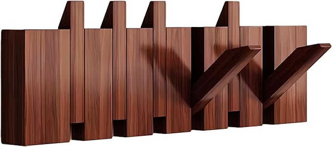 Wall Mounted Piano Key Hanger | Flip Style Hook | Entrance Wall Art Hook, Made of Oak Wood (3 Times Painted, 4 Times Polished) (Walnut, 6Hooks)