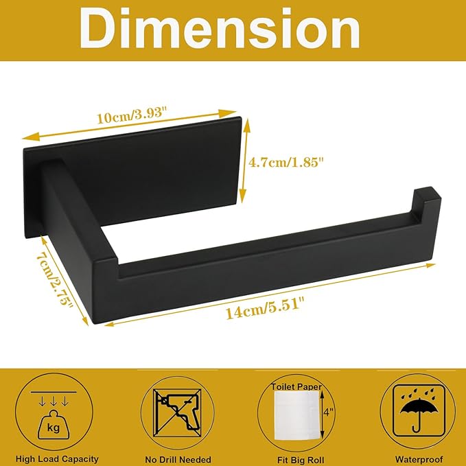Toilet Paper Holder, Self Adhesive Tissue Holder Stainless Steel Rustproof Paper Roll Holder, No Drilling Easy to Install, Toilet Paper Rack Suitable for Office, Bathroom (2, Matte Black)