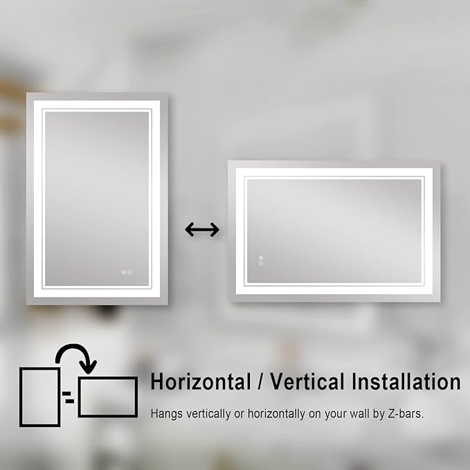 WELLFOR LED Bathroom Vanity Mirror 28 x 36 Inch, Lighted Anti-Fog Dimmable Mirror, IP44 Waterproof Wall Mounted Makeup Mirror, Packed with US Standard Plug and Touch Switch, (Horizontal/Vertical)