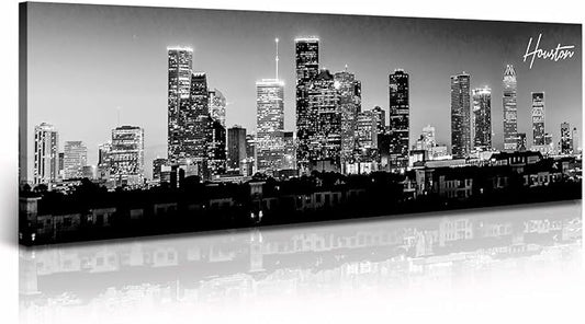 DJSYLIFE Houston Skyline Canvas Wall Art Decor Black & White City Pictures Painting Texas Cityscape Photo Print Artwork for Office Bedroom Living Room Walls Decoration Ready to Hang 13.8"x47.3"
