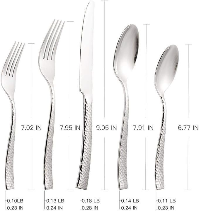 Silverware 45-Piece Silver Hammered Flatware Set with Serving Utensils Stainless Steel Thick Handle Mirror Polished Cutlery Set for Wedding Hotel Restaurant, Service for 8