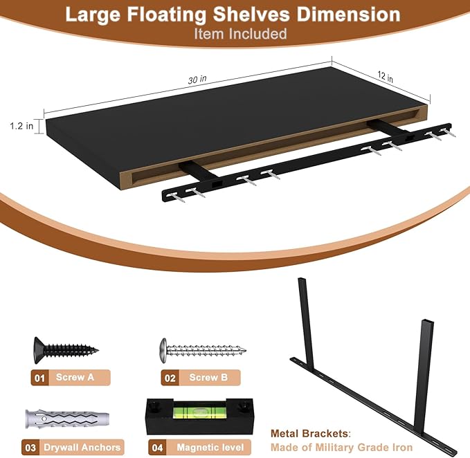 12 Inch Deep Floating Shelves for Wall 3 Pack Floating Shelves Large Storage Space Wall Mount Shelf for Living Room Kitchen Bathroom 30" W x 12" D x 1.2" H Black