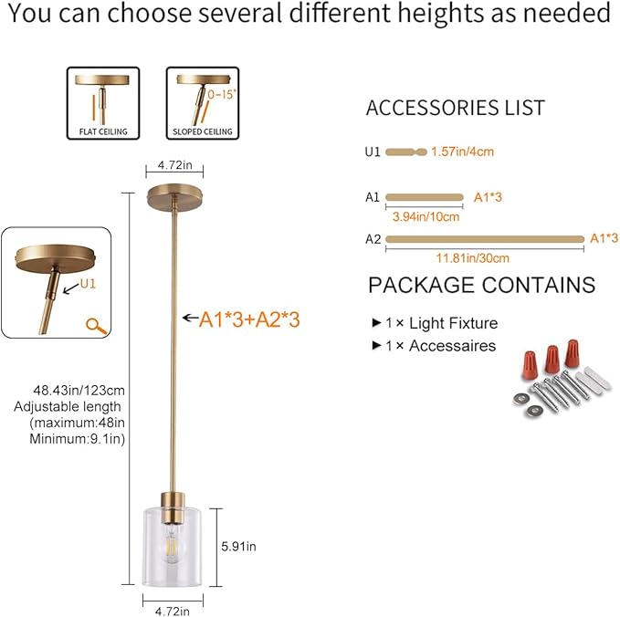 Brass Pendant Lights,Modern Farmhouse Pendant Light,Kitchen Pendant Mini Hanging Light for Sink Island,Adjustable Height,Home Décor Lighting