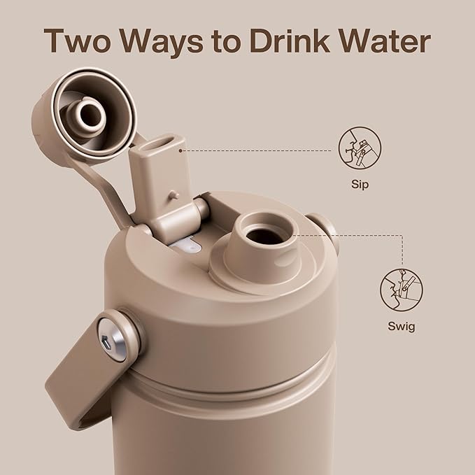 Kids Insualated Water Bottle with Straw - 12oz Stainless Steel Water Bottle with Dual Spouts, Leak-Proof, BPA-Free, Double Wall Vacuum Keeps Cold for 24 Hours for Sports, Travel, School (Raw Umber)