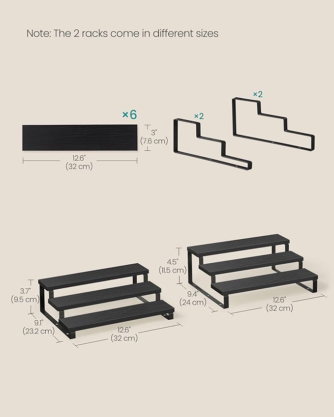 SONGMICS Display Risers, Set of 2 Engineered Wood Perfume Organizer Stand, 3-Tier Cupcake Stand Holder, Spice Rack, Shelf Risers for Figures, Dessert Shelves, Ebony Black and Ink Black UKCS116B01